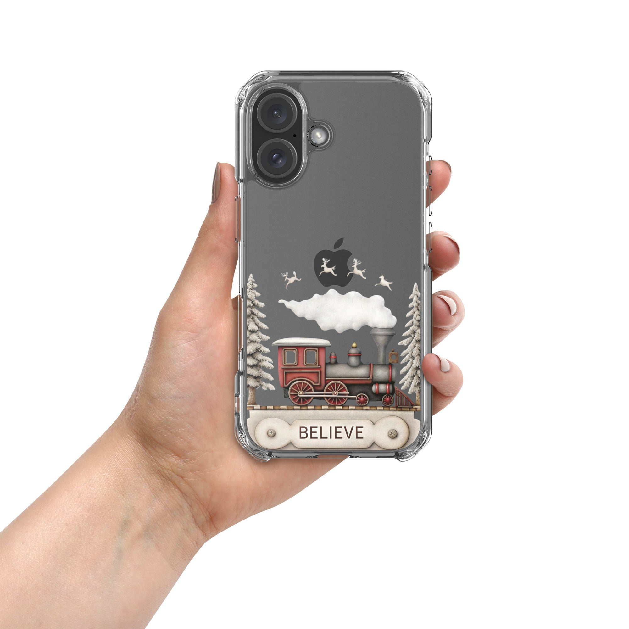 Believe Christmas Train Clear Case for iPhone 16 - Vintage Holiday Locomotive Winter Scene Cover - Image 3