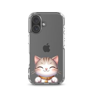 Happy Kitty Clear Case for iPhone 16 - Cute Smiling Cat Illustration Protective Cover