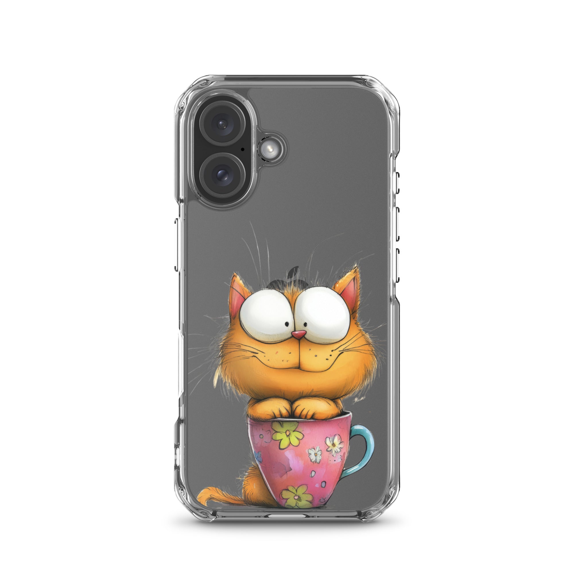 Goofy Cat in Cup Clear Case for iPhone 16 - Funny Cartoon Kitty Protective Cover