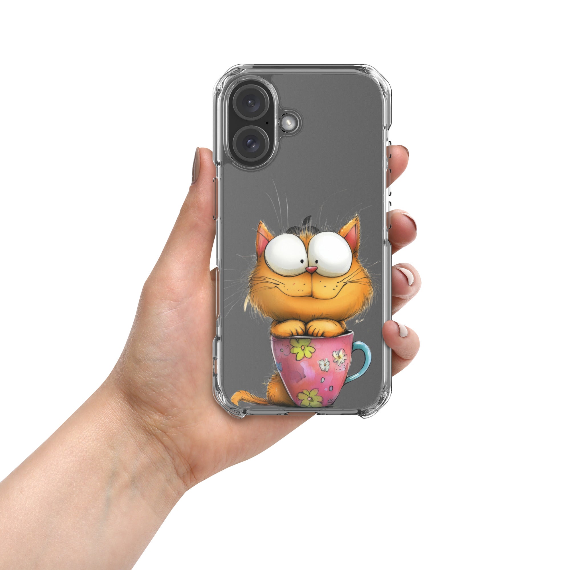 Goofy Cat in Cup Clear Case for iPhone 16 - Funny Cartoon Kitty Protective Cover - Image 3