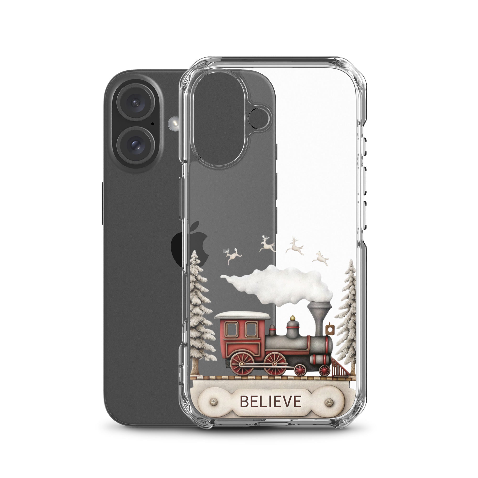 Believe Christmas Train Clear Case for iPhone 16 - Vintage Holiday Locomotive Winter Scene Cover - Image 2