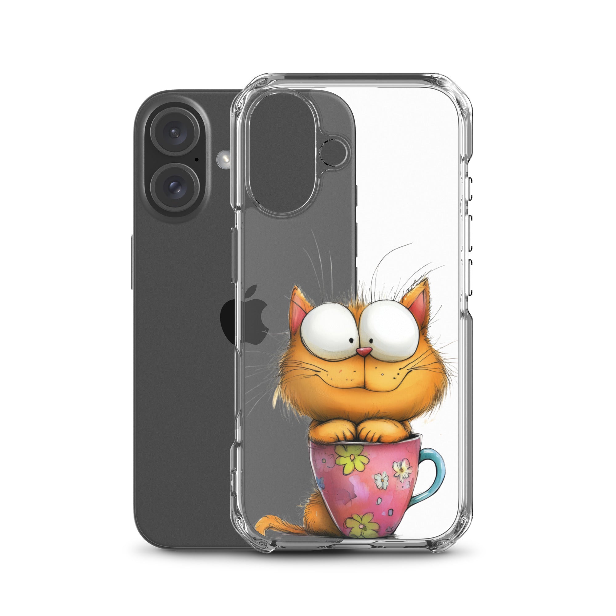Goofy Cat in Cup Clear Case for iPhone 16 - Funny Cartoon Kitty Protective Cover - Image 2