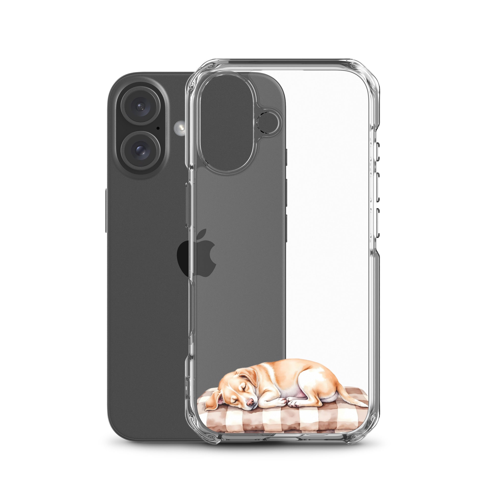 Sleepy Dog on Checkered Blanket Clear Case for iPhone 16 - Cute Cozy Puppy Illustration Protective Cover - Image 2