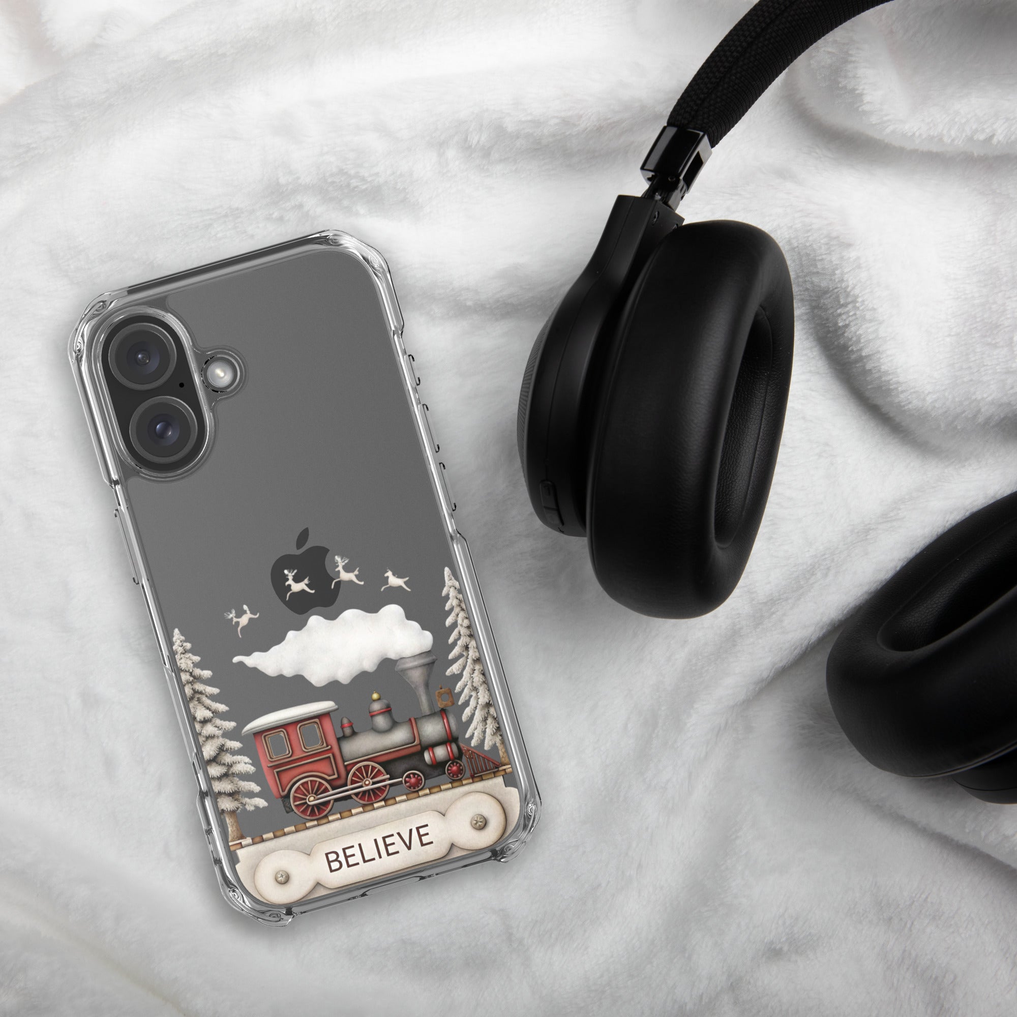 Believe Christmas Train Clear Case for iPhone 16 - Vintage Holiday Locomotive Winter Scene Cover - Image 4