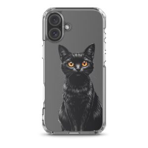 Midnight Black Cat Clear Case for iPhone 16 Plus - Elegant Black Cat Illustration Protective Cover