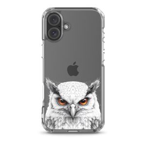 Snowy Owl Glare Clear Case for iPhone 16 Plus - Minimalist White Owl Illustration Protective Cover