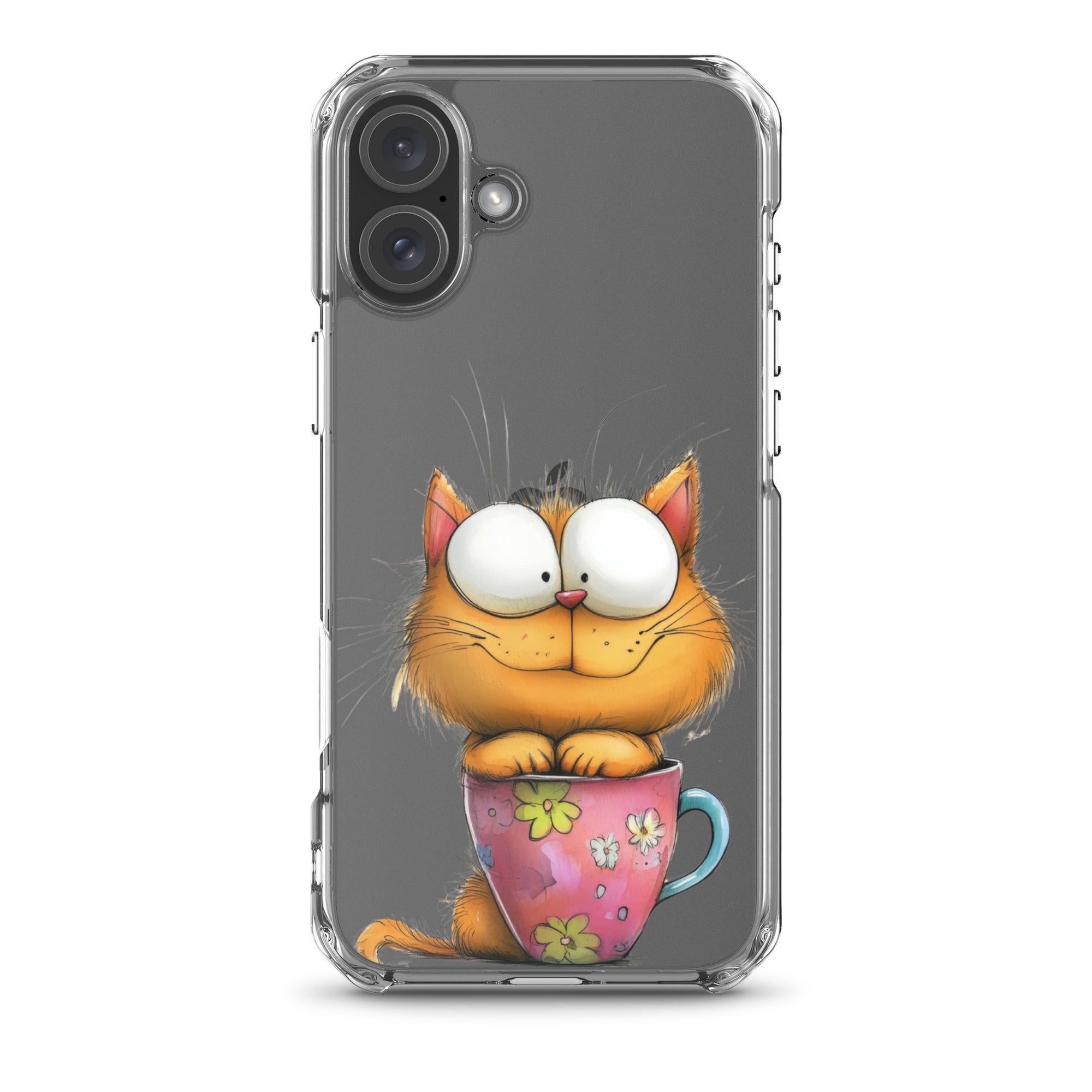 Goofy Cat in Cup Clear Case for iPhone 16 Plus - Funny Cartoon Kitty Protective Cover