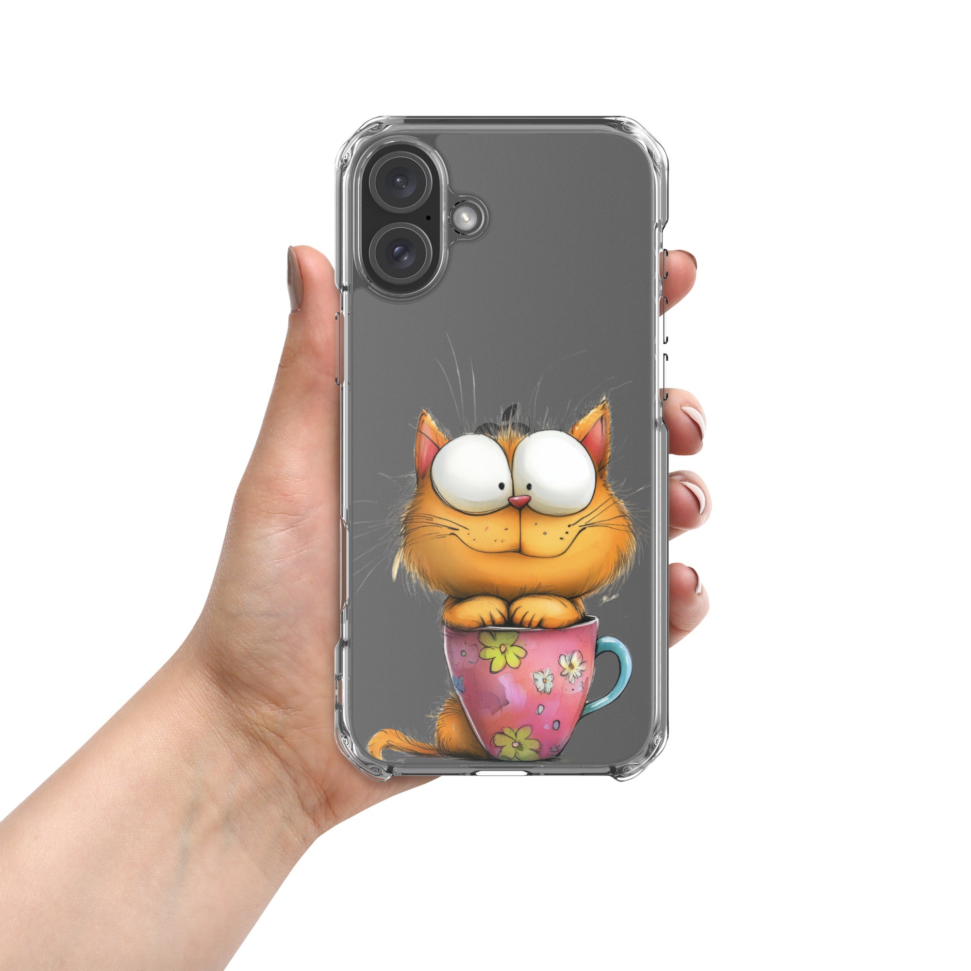 Goofy Cat in Cup Clear Case for iPhone 16 Plus - Funny Cartoon Kitty Protective Cover - Image 3