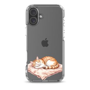 Sleepy Cat on Pillow Clear Case for iPhone 16 Plus - Cute Cozy Kitty Illustration Protective Cover