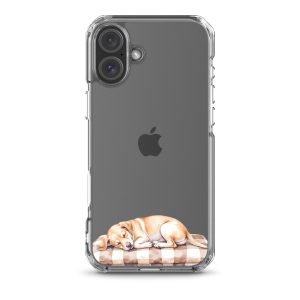 Sleepy Dog on Checkered Blanket Clear Case for iPhone 16 Plus - Cute Cozy Puppy Illustration Protective Cover