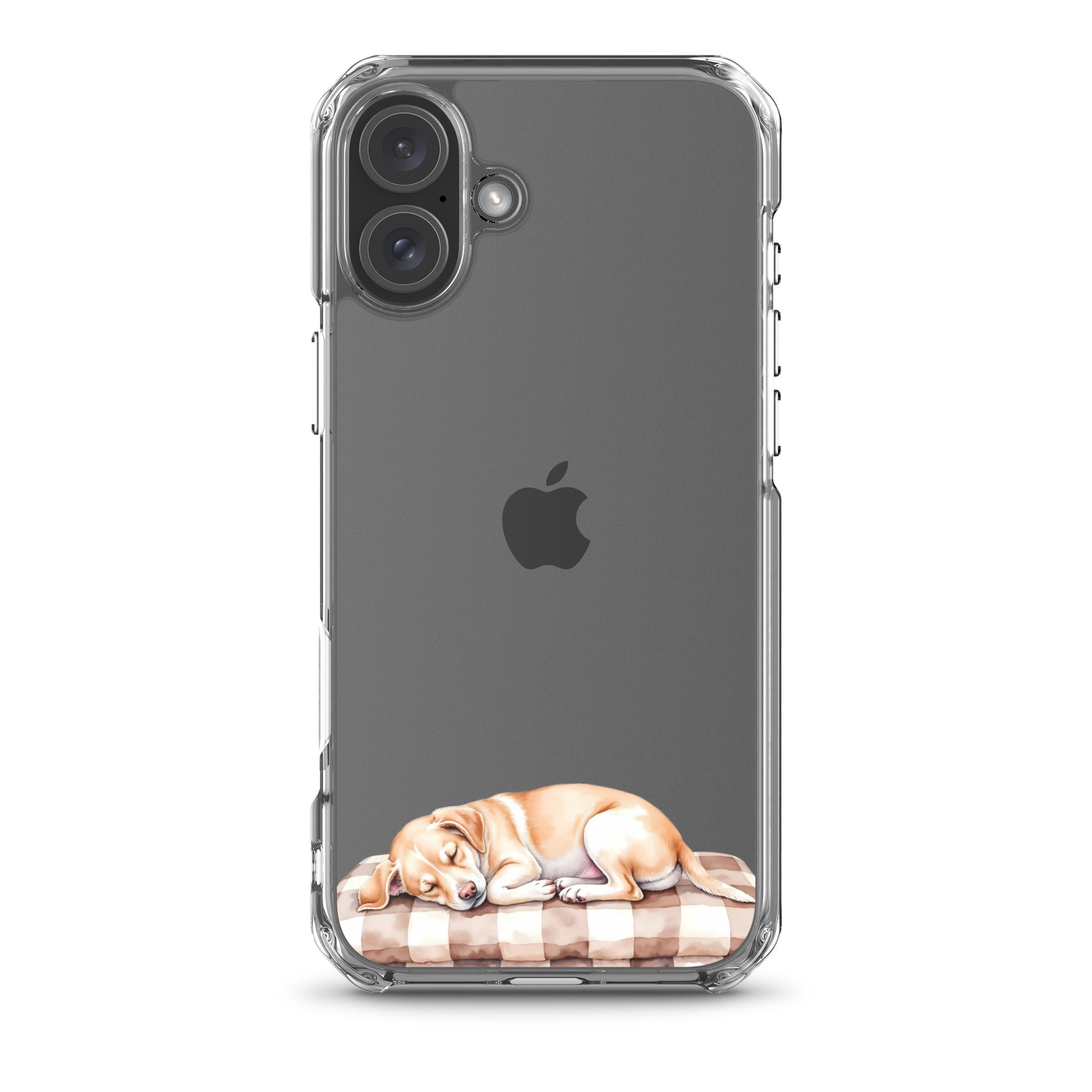 Sleepy Dog on Checkered Blanket Clear Case for iPhone 16 Plus - Cute Cozy Puppy Illustration Protective Cover