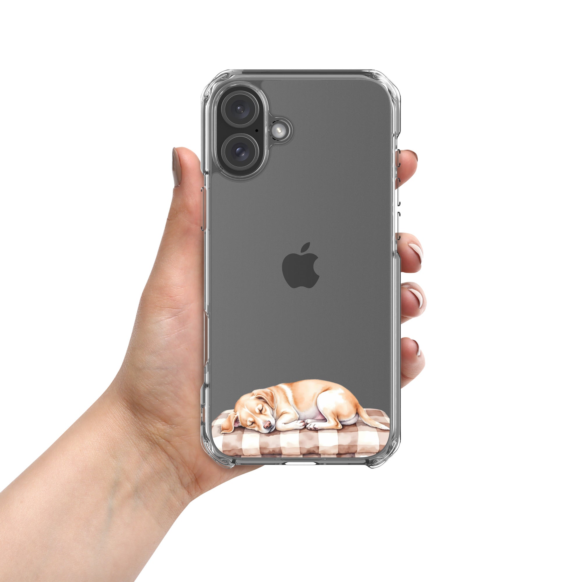 Sleepy Dog on Checkered Blanket Clear Case for iPhone 16 Plus - Cute Cozy Puppy Illustration Protective Cover - Image 3
