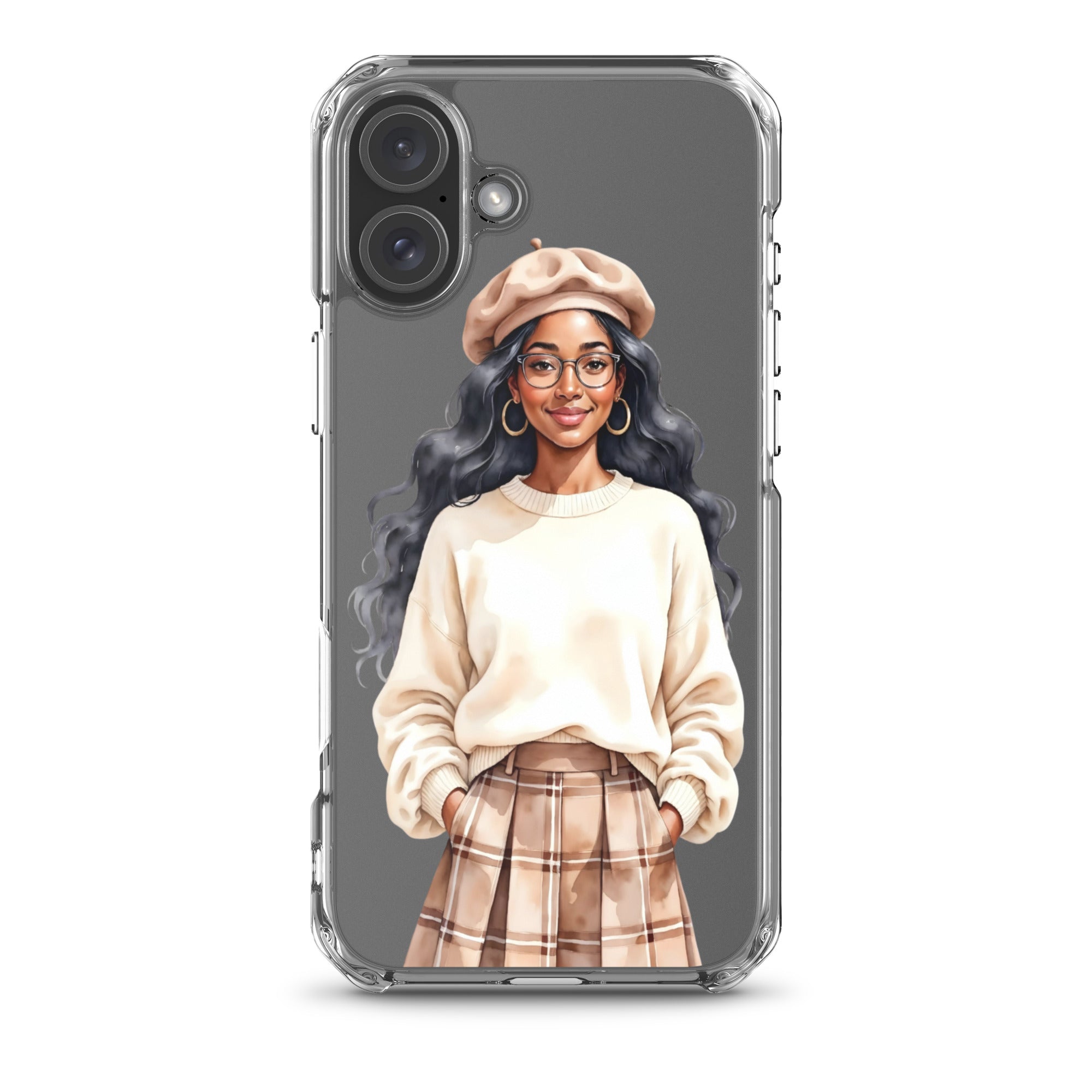Cozy Plaid Autumn Girl Clear Case for iPhone 16 Plus - Fashion Illustration Protective Cover