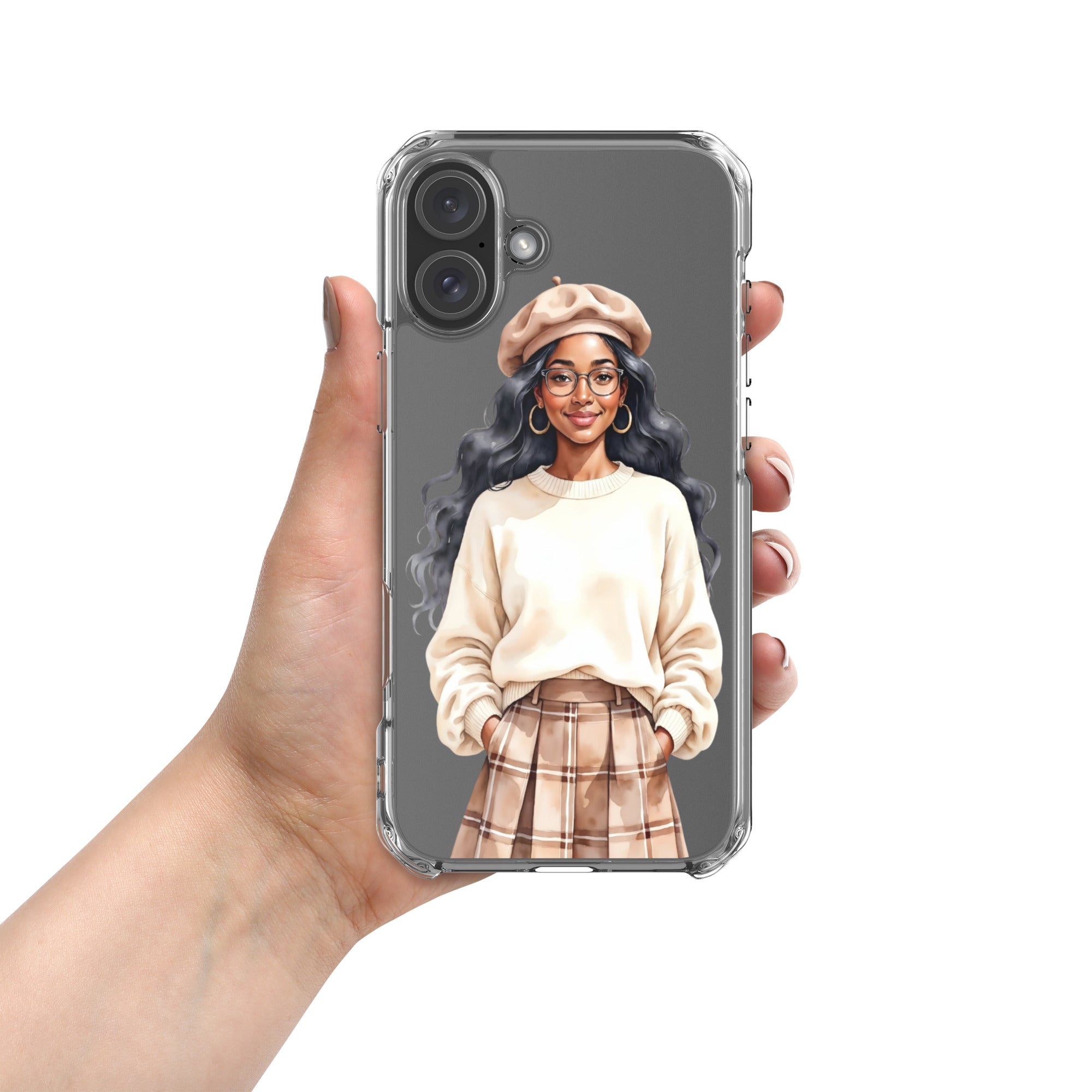 Cozy Plaid Autumn Girl Clear Case for iPhone 16 Plus - Fashion Illustration Protective Cover - Image 3