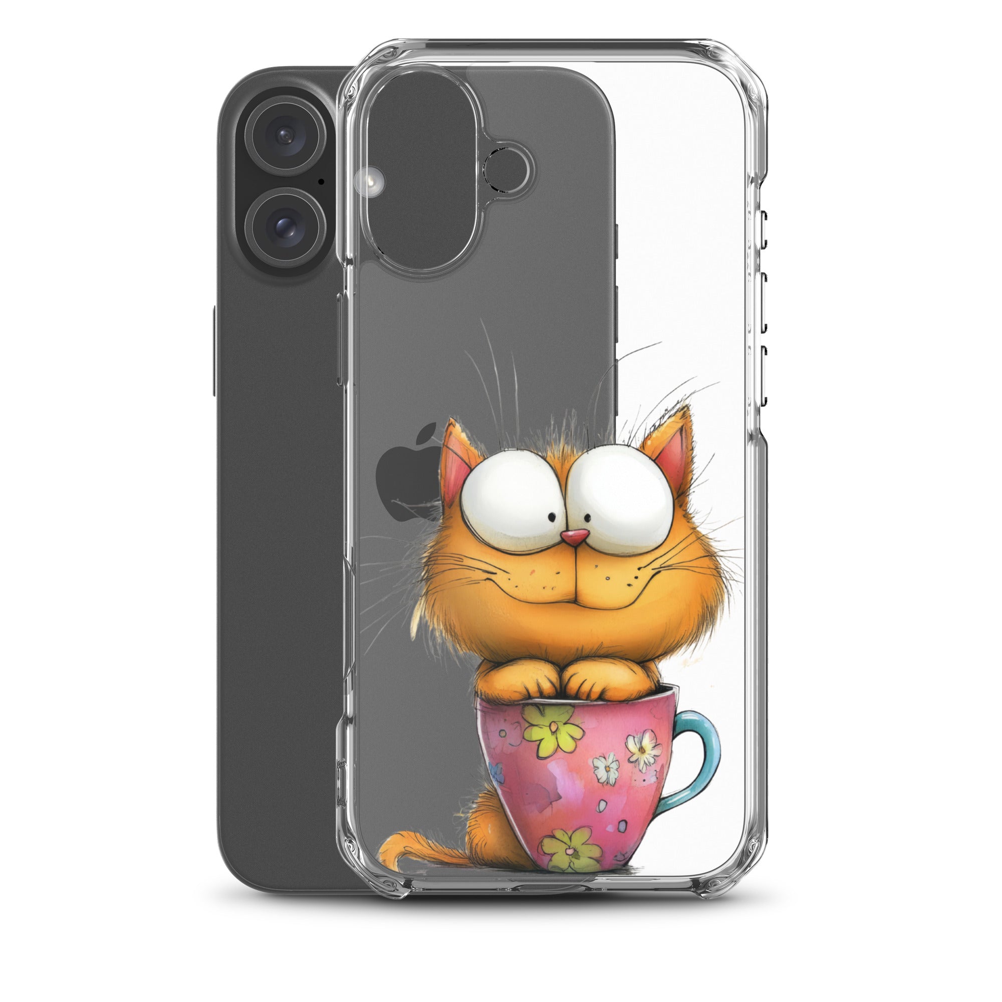 Goofy Cat in Cup Clear Case for iPhone 16 Plus - Funny Cartoon Kitty Protective Cover - Image 2