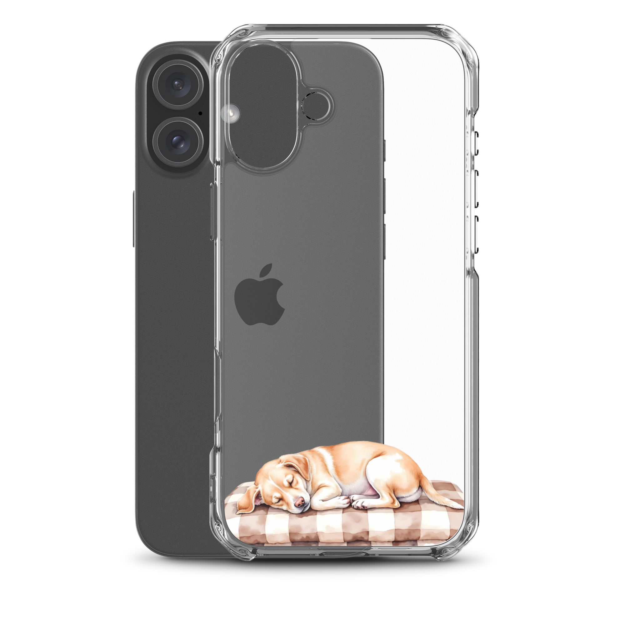 Sleepy Dog on Checkered Blanket Clear Case for iPhone 16 Plus - Cute Cozy Puppy Illustration Protective Cover - Image 2