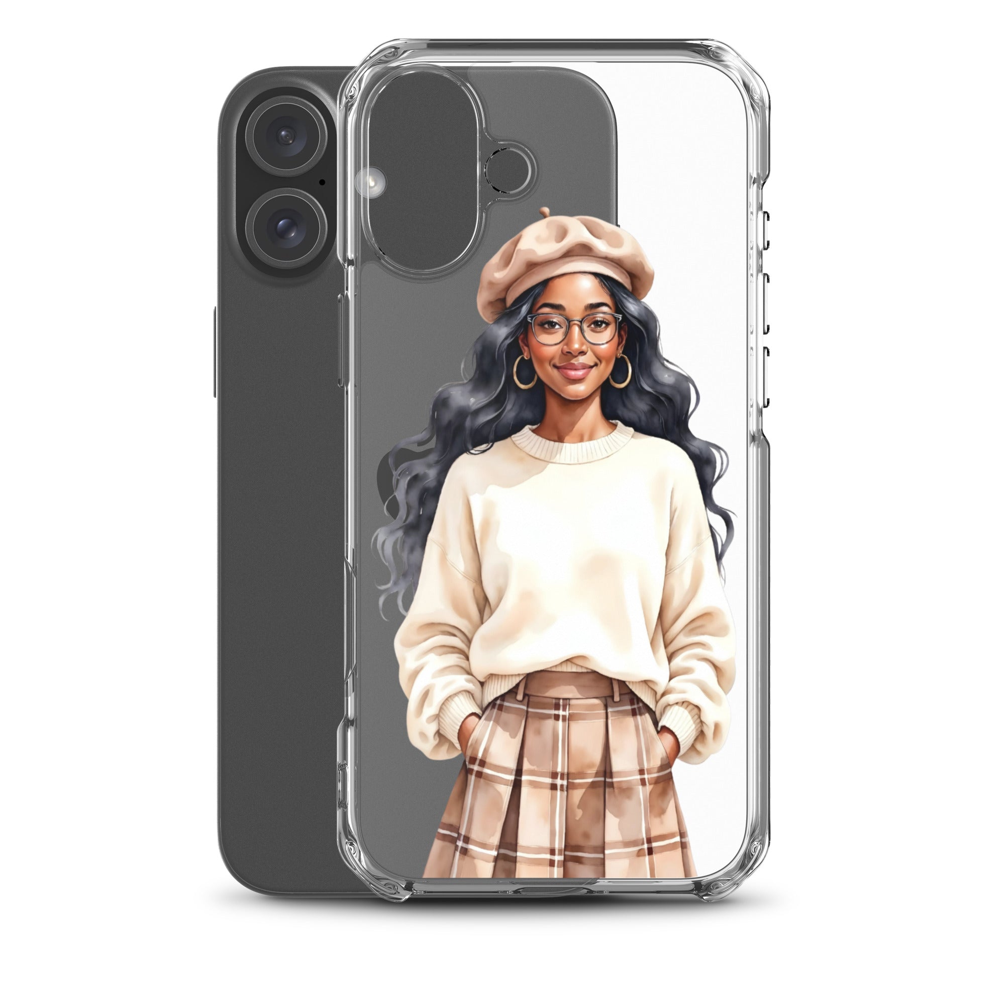 Cozy Plaid Autumn Girl Clear Case for iPhone 16 Plus - Fashion Illustration Protective Cover - Image 2