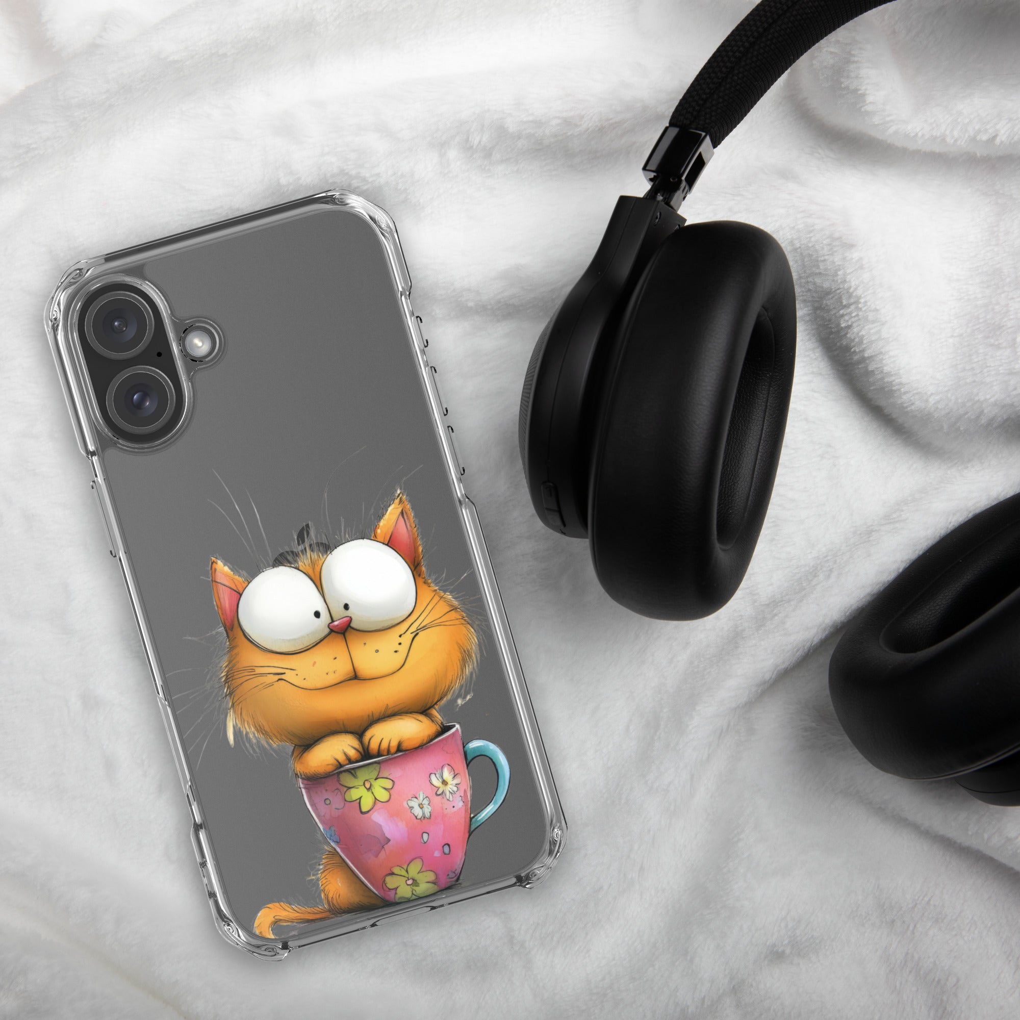 Goofy Cat in Cup Clear Case for iPhone 16 Plus - Funny Cartoon Kitty Protective Cover - Image 4