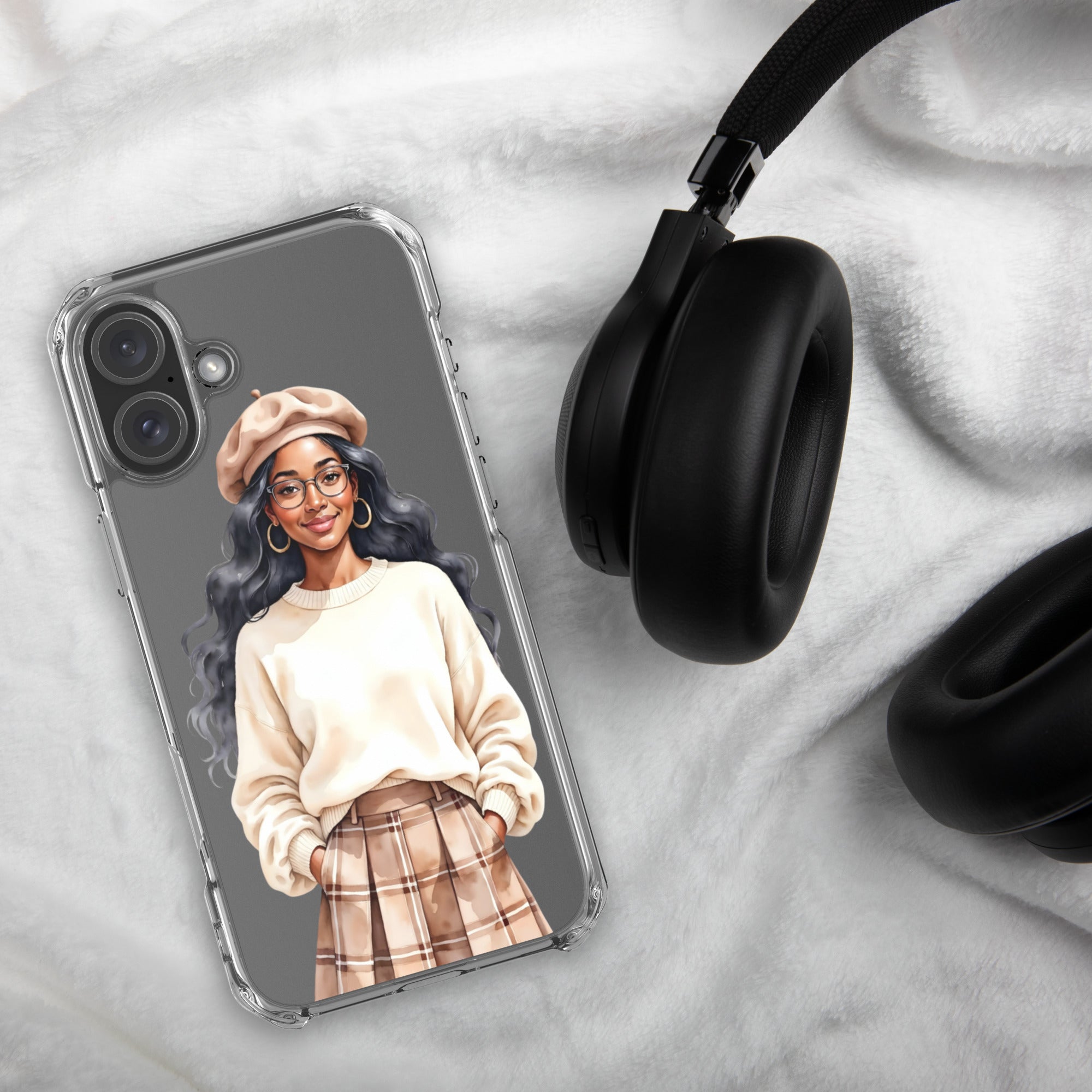Cozy Plaid Autumn Girl Clear Case for iPhone 16 Plus - Fashion Illustration Protective Cover - Image 4