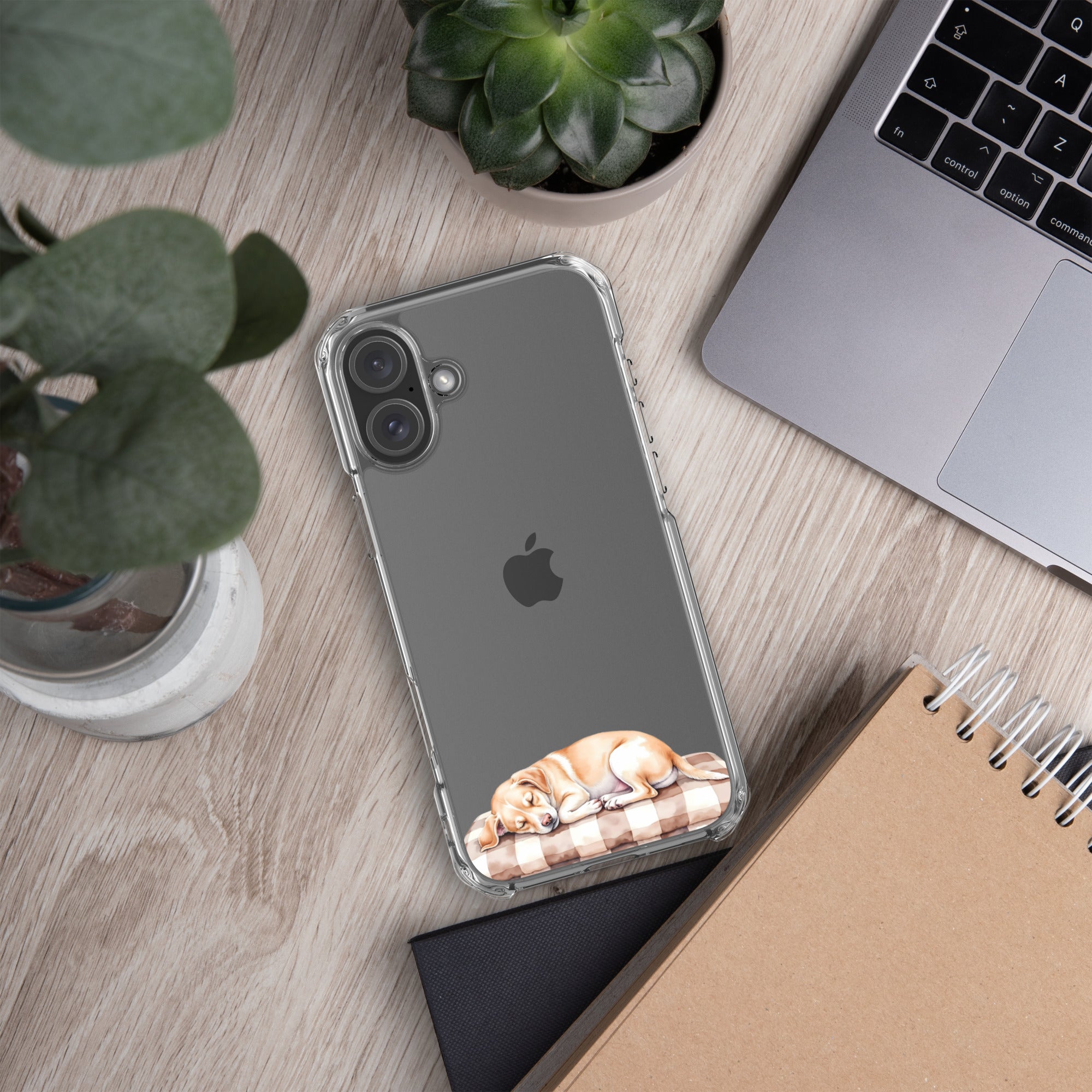 Sleepy Dog on Checkered Blanket Clear Case for iPhone 16 Plus - Cute Cozy Puppy Illustration Protective Cover - Image 5