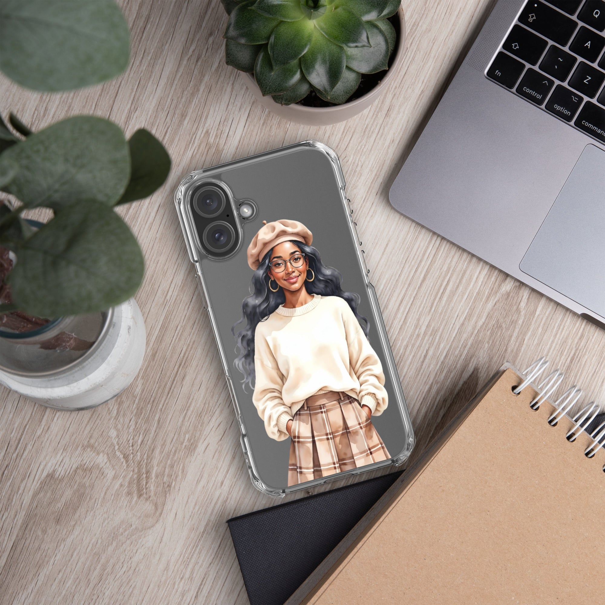 Cozy Plaid Autumn Girl Clear Case for iPhone 16 Plus - Fashion Illustration Protective Cover - Image 5