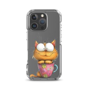 Goofy Cat in Cup Clear Case for iPhone 16 Pro - Funny Cartoon Kitty Protective Cover