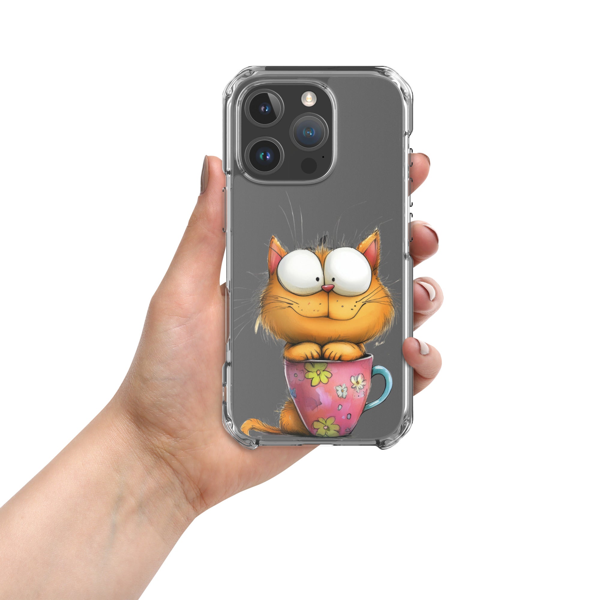 Goofy Cat in Cup Clear Case for iPhone 16 Pro - Funny Cartoon Kitty Protective Cover - Image 3