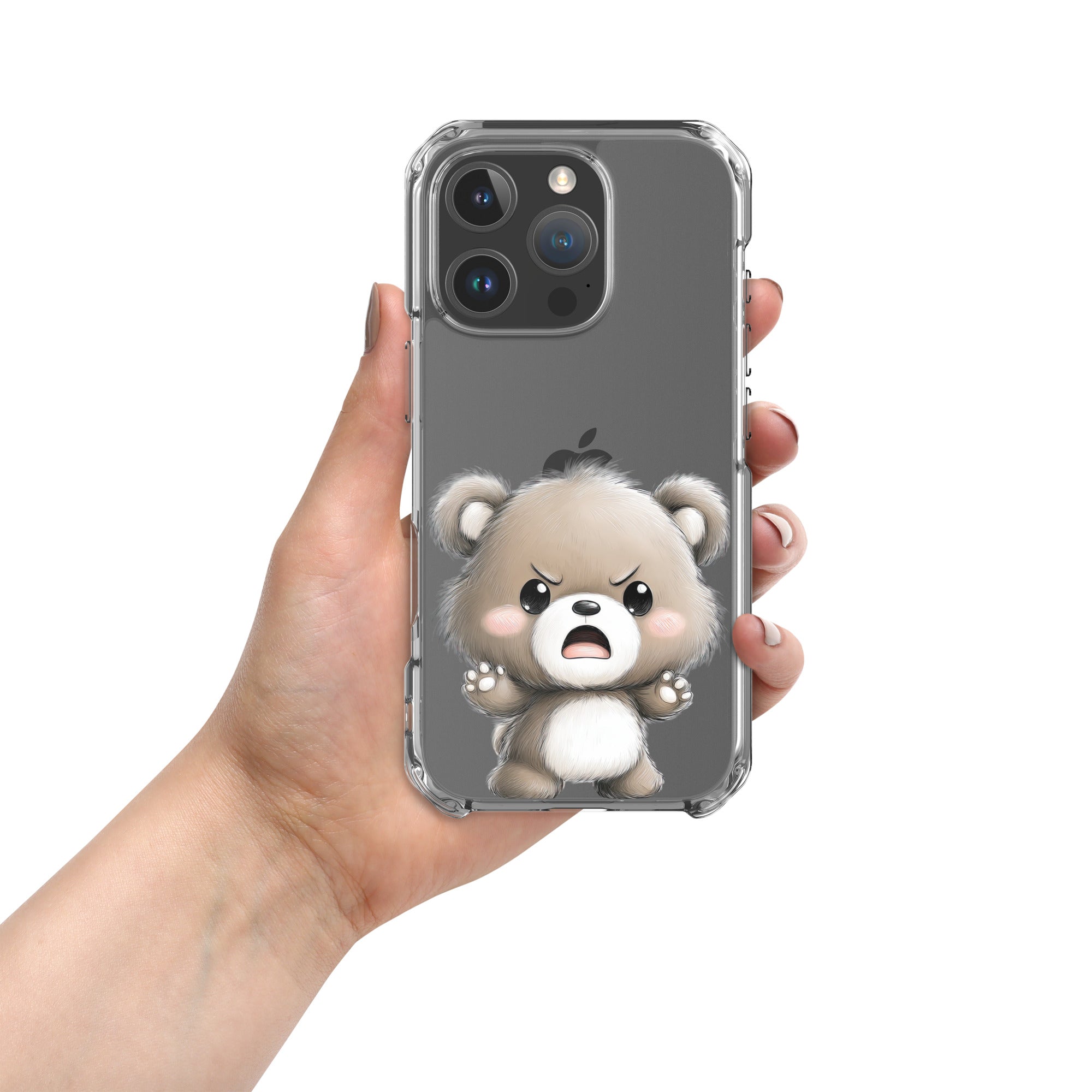 Angry Cute Bear Clear Case for iPhone 16 Pro - Funny Kawaii Bear Protective Cover - Image 3