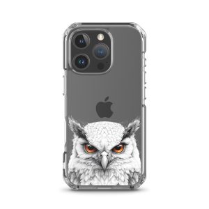 Snowy Owl Glare Clear Case for iPhone 16 Pro - Minimalist White Owl Illustration Protective Cover