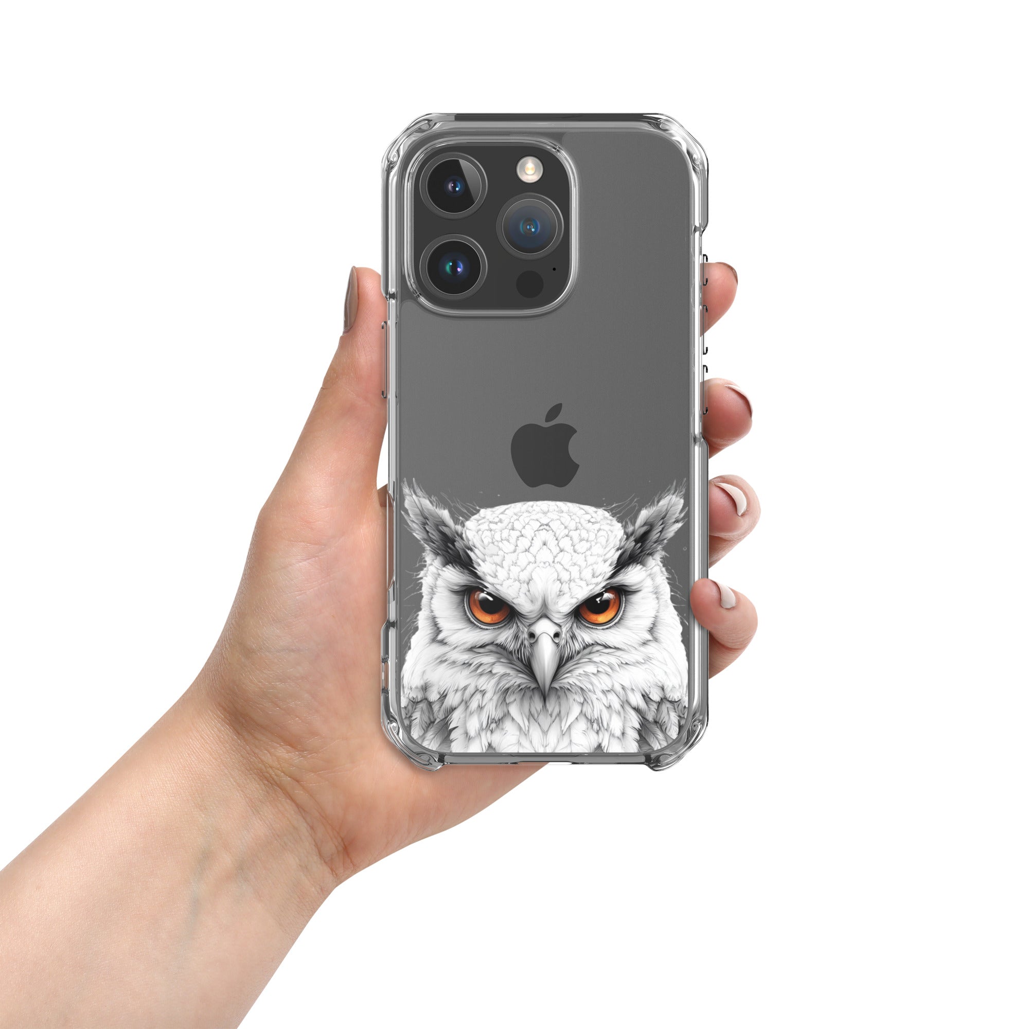 Snowy Owl Glare Clear Case for iPhone 16 Pro - Minimalist White Owl Illustration Protective Cover - Image 3