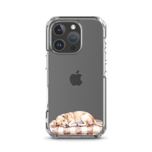 Sleepy Dog on Checkered Blanket Clear Case for iPhone 16 Pro - Cute Cozy Puppy Illustration Protective Cover