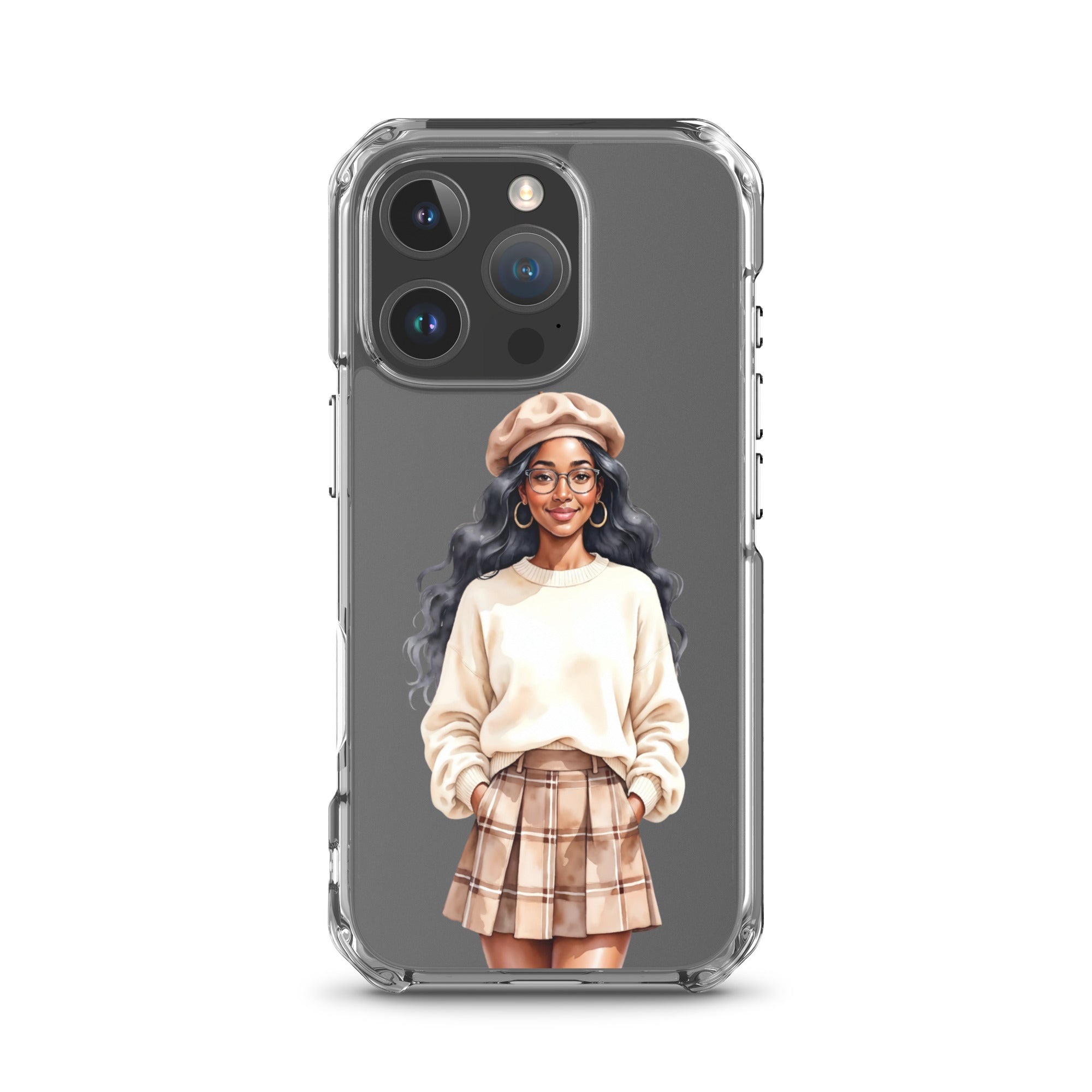Cozy Plaid Autumn Girl Clear Case for iPhone 16 Pro - Fashion Illustration Protective Cover