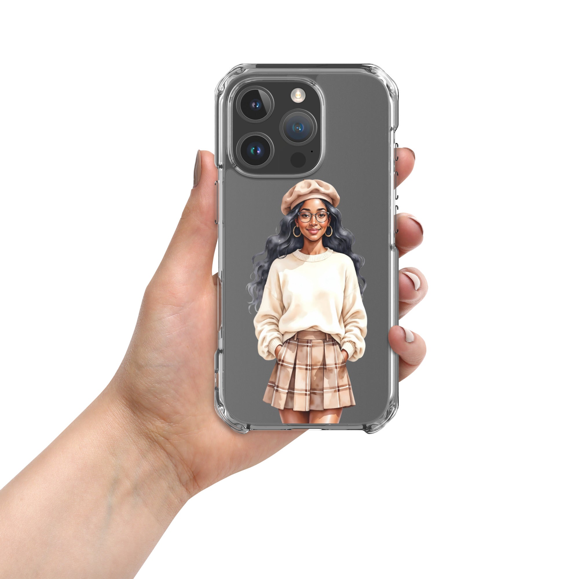 Cozy Plaid Autumn Girl Clear Case for iPhone 16 Pro - Fashion Illustration Protective Cover - Image 3