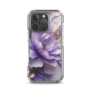Royal Violet Bloom Clear Case for iPhone 16 Pro - Luxury Purple & Gold Floral Protective Cover