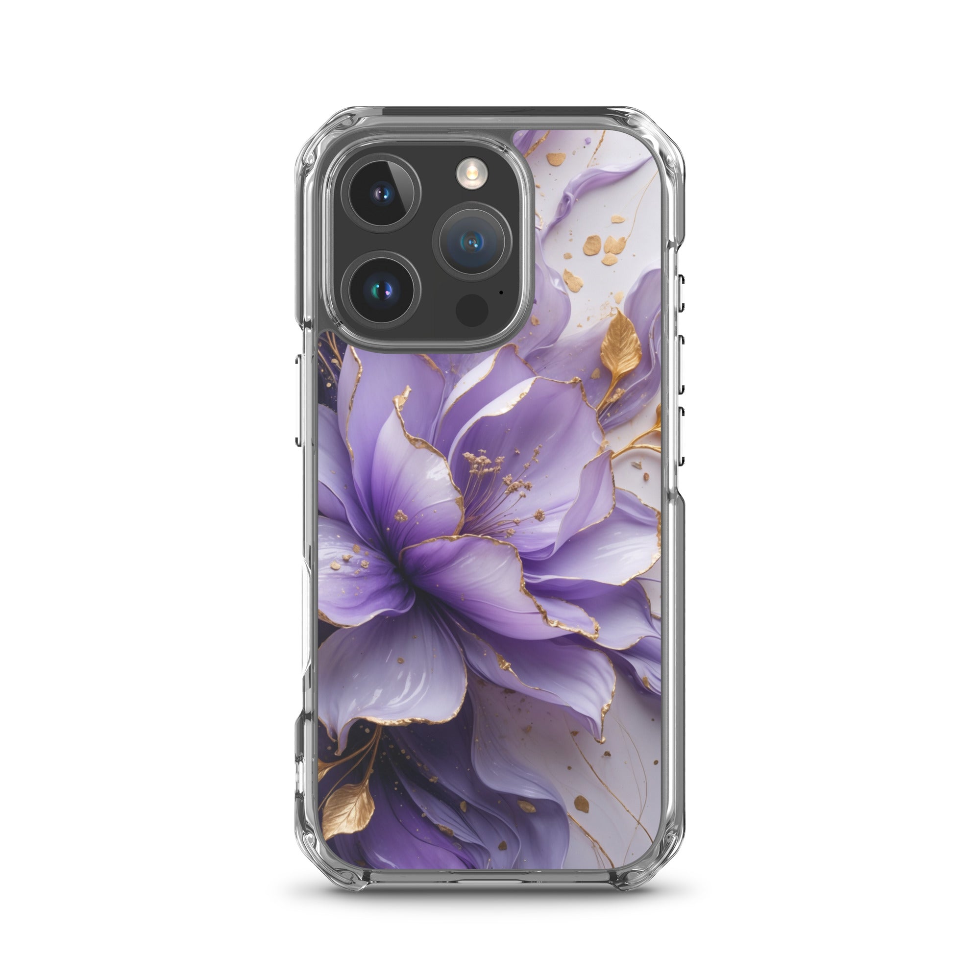 Royal Violet Bloom Clear Case for iPhone 16 Pro - Luxury Purple & Gold Floral Protective Cover