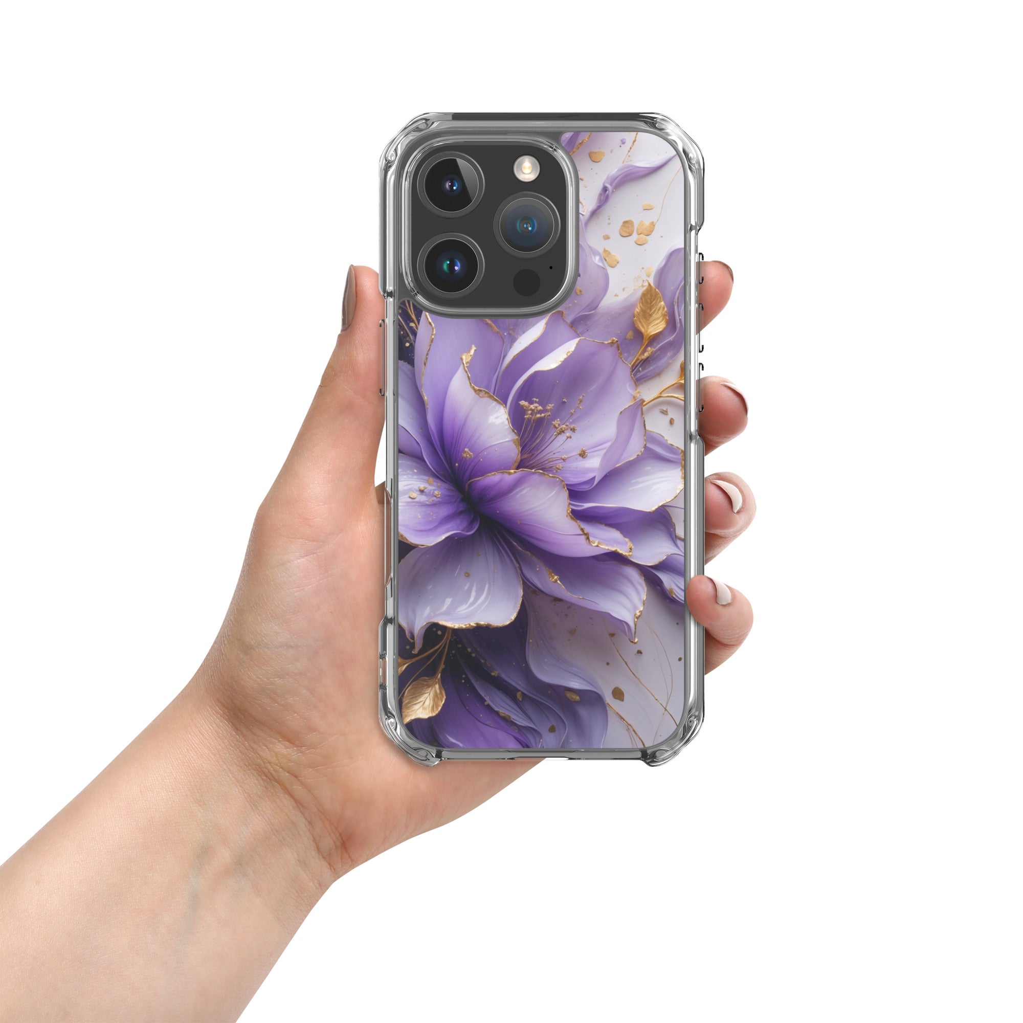 Royal Violet Bloom Clear Case for iPhone 16 Pro - Luxury Purple & Gold Floral Protective Cover - Image 3
