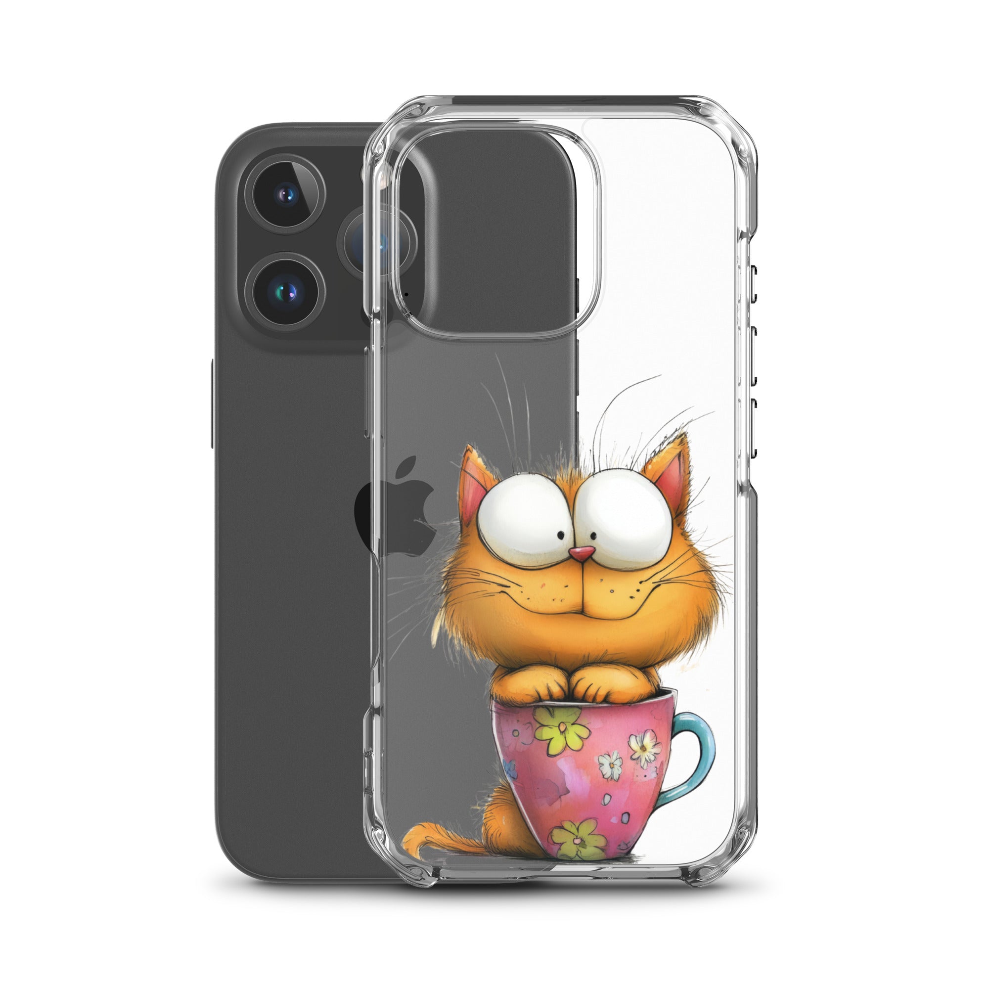 Goofy Cat in Cup Clear Case for iPhone 16 Pro - Funny Cartoon Kitty Protective Cover - Image 2