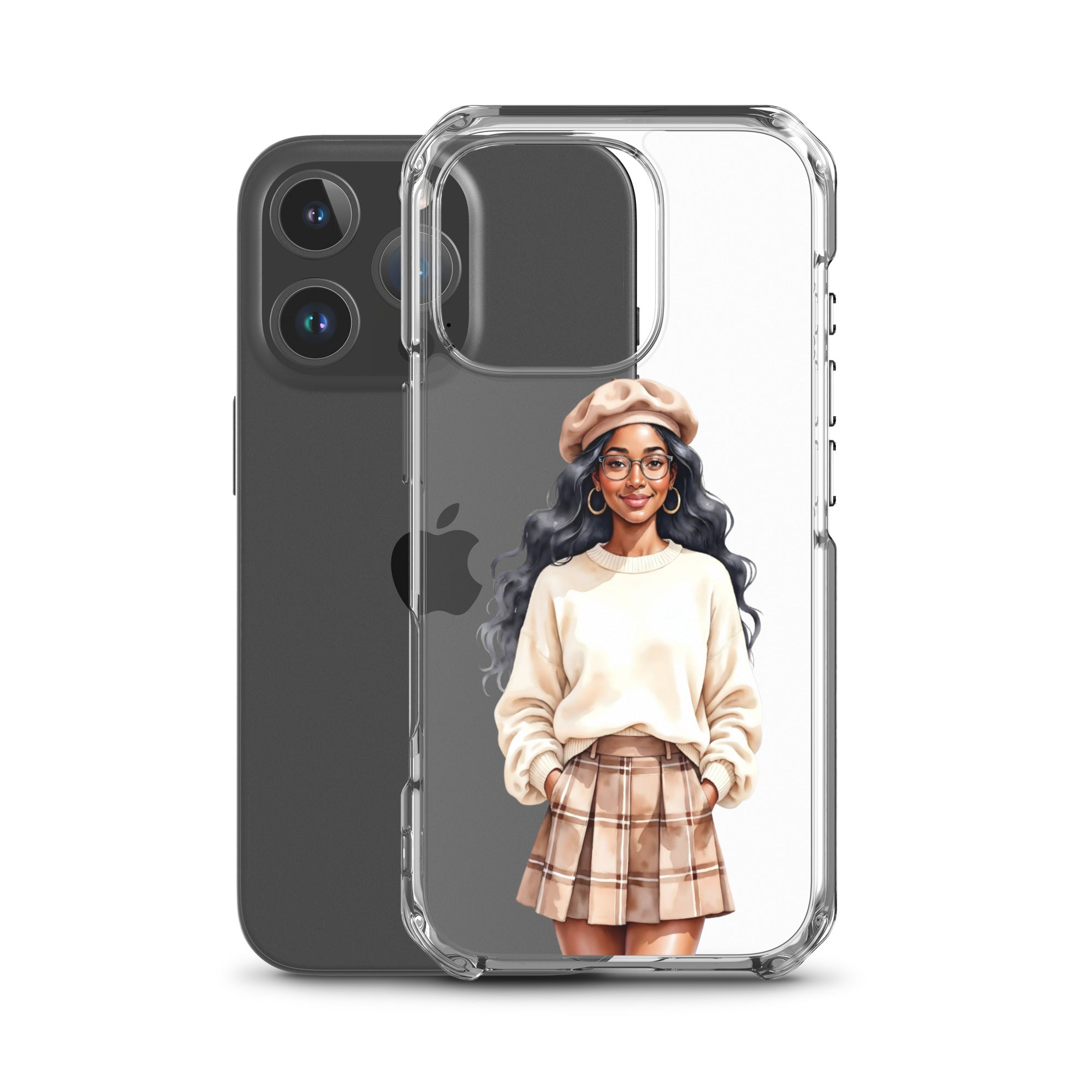 Cozy Plaid Autumn Girl Clear Case for iPhone 16 Pro - Fashion Illustration Protective Cover - Image 2