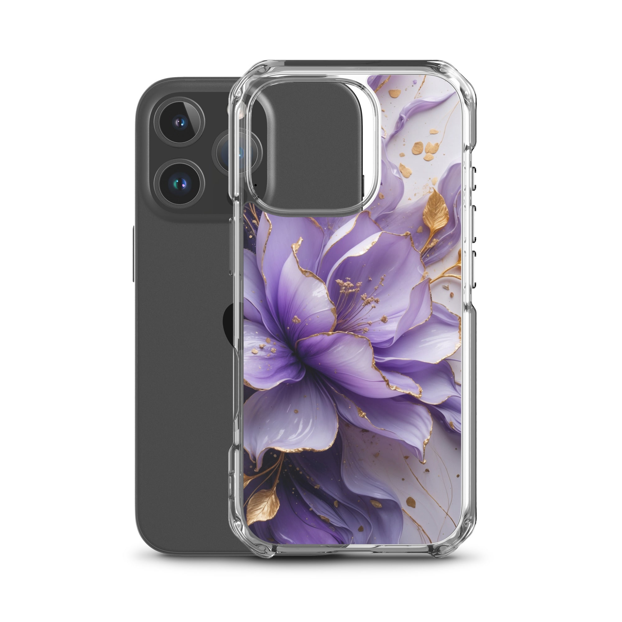 Royal Violet Bloom Clear Case for iPhone 16 Pro - Luxury Purple & Gold Floral Protective Cover - Image 2