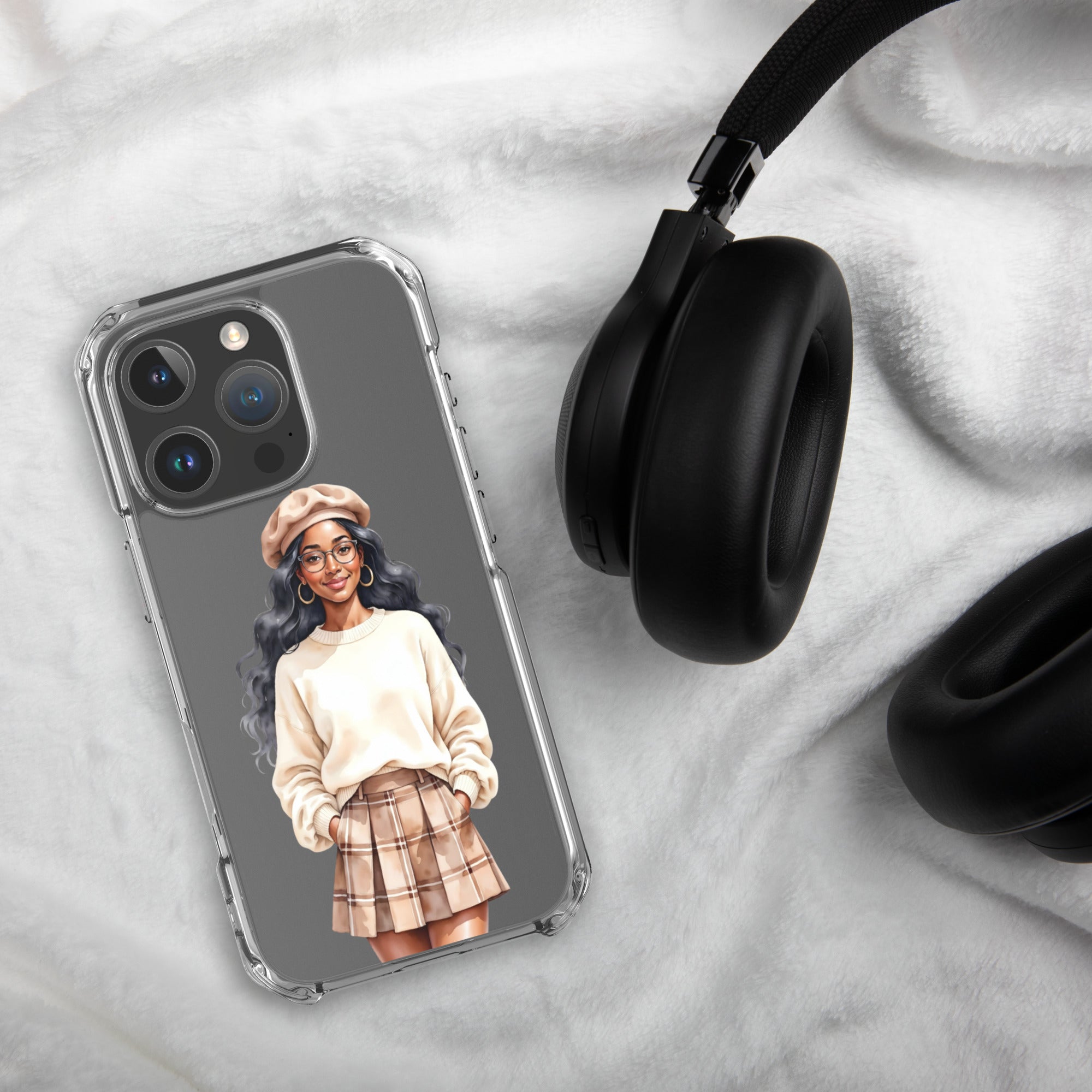 Cozy Plaid Autumn Girl Clear Case for iPhone 16 Pro - Fashion Illustration Protective Cover - Image 4