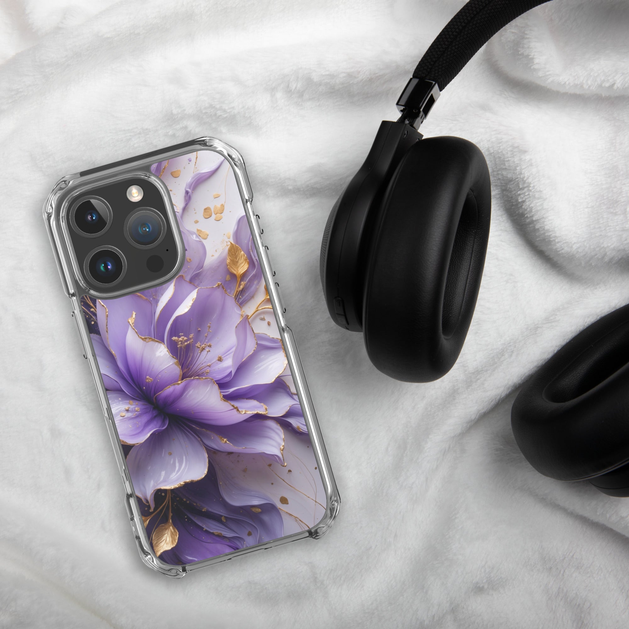 Royal Violet Bloom Clear Case for iPhone 16 Pro - Luxury Purple & Gold Floral Protective Cover - Image 4