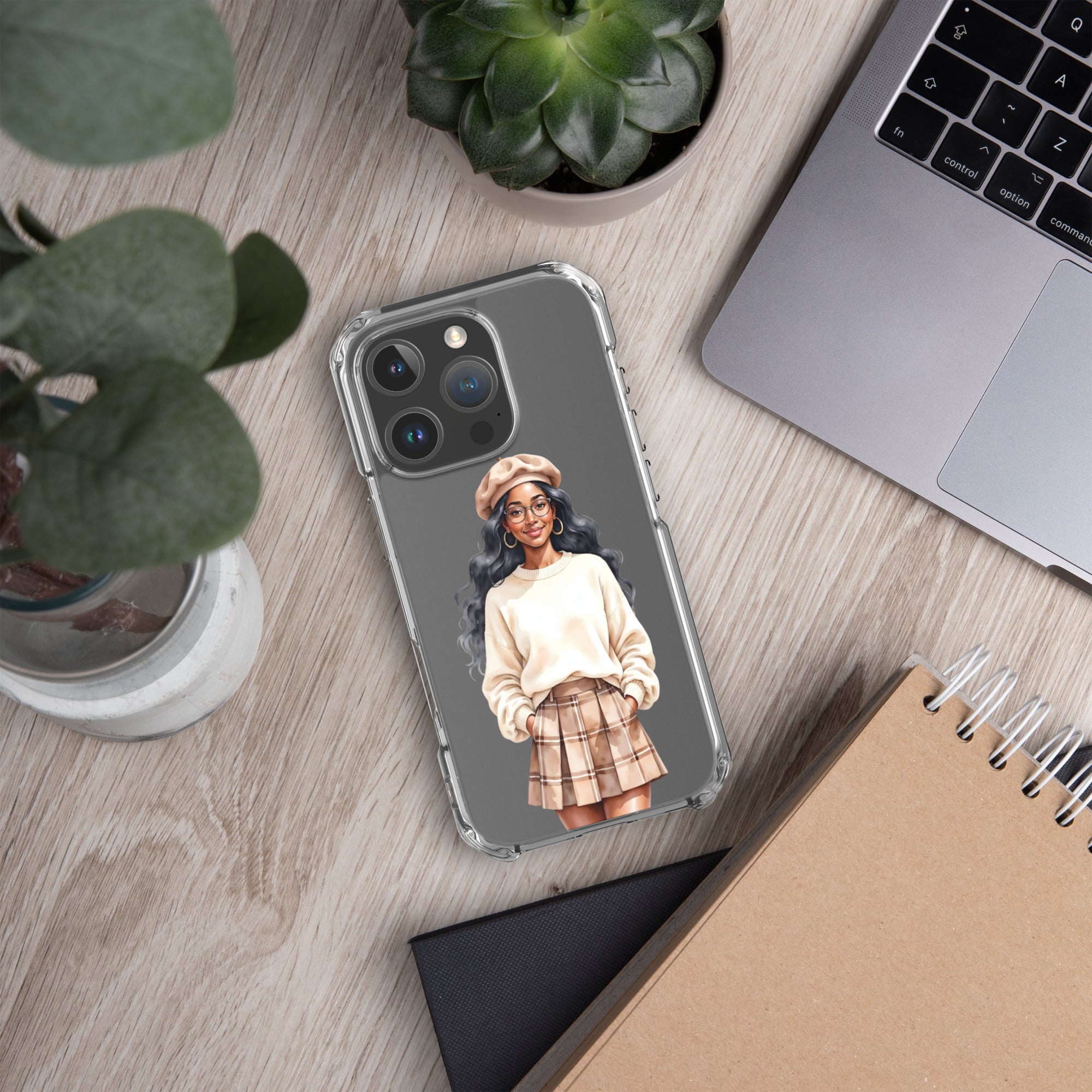 Cozy Plaid Autumn Girl Clear Case for iPhone 16 Pro - Fashion Illustration Protective Cover - Image 5