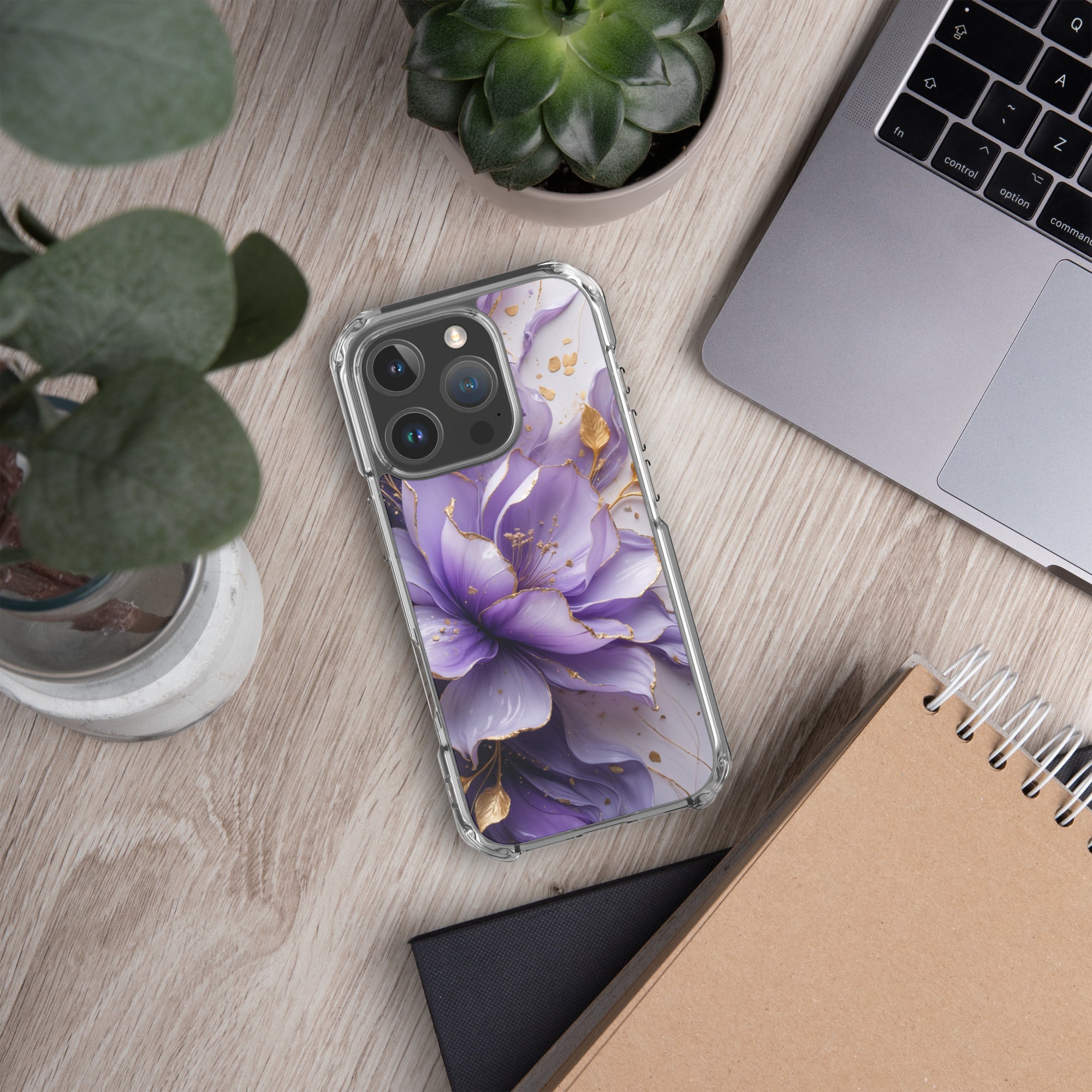 Royal Violet Bloom Clear Case for iPhone 16 Pro - Luxury Purple & Gold Floral Protective Cover - Image 5