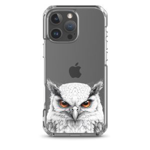 Snowy Owl Glare Clear Case for iPhone 16 Pro Max - Minimalist White Owl Illustration Protective Cover