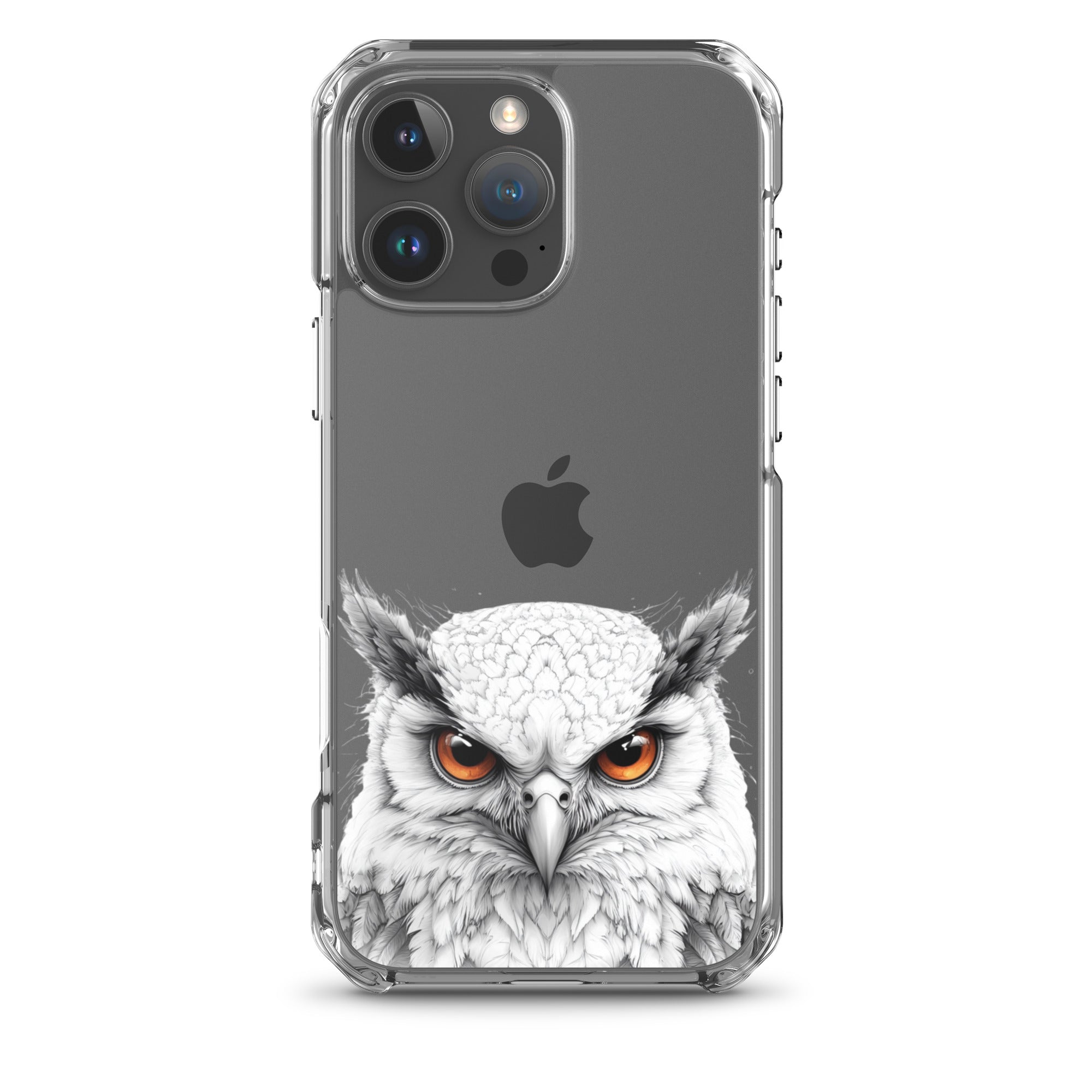 Snowy Owl Glare Clear Case for iPhone 16 Pro Max - Minimalist White Owl Illustration Protective Cover