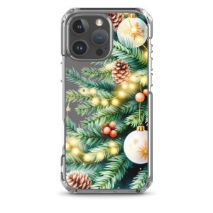 Holiday Pine Glow Clear Case for iPhone 16 Pro Max - Christmas Pine Branches & Warm Lights Protective Cover