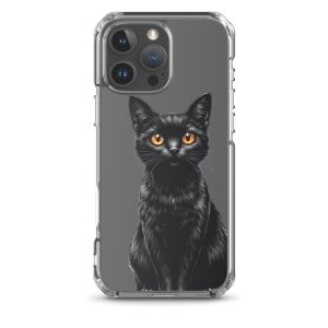 Midnight Black Cat Clear Case for iPhone 16 Pro Max - Elegant Black Cat Illustration Protective Cover