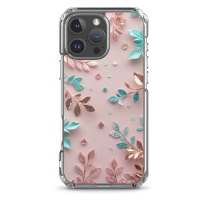 Blush Garden Glam Clear Case for iPhone 16 Pro Max - Pink & Teal Glitter Floral Protective Cover