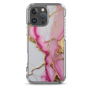 Pink Golden Marble Luxe Clear Case for iPhone 16 Pro Max - Luxury Pink & Gold Marble Protective Cover