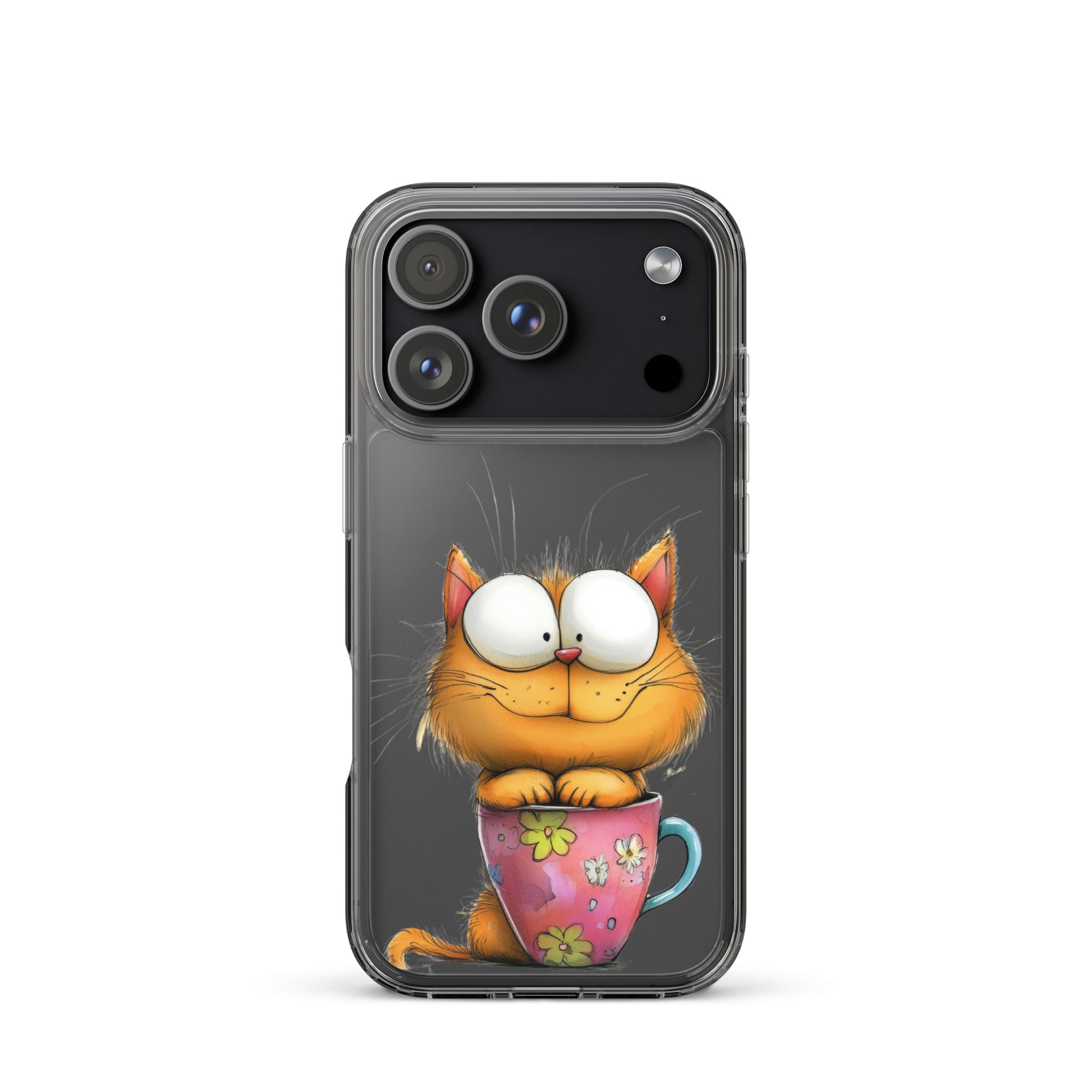 Goofy Cat in Cup Clear Case for iPhone 17 Pro - Funny Cartoon Kitty Protective Cover